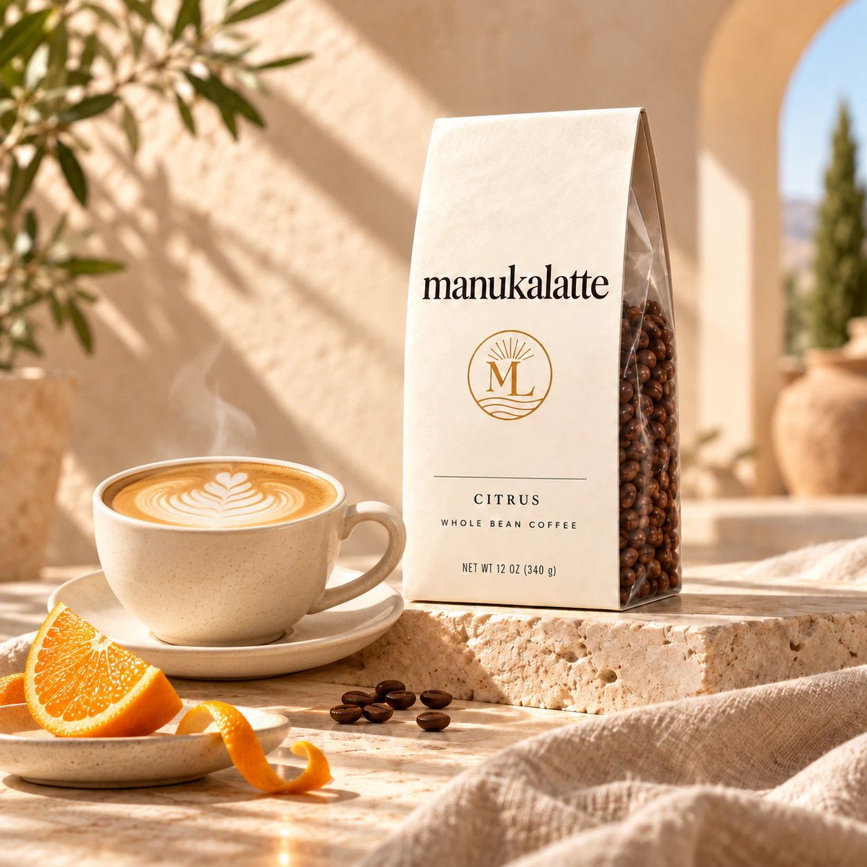 Citrus bag on travertine with a latte and orange slices