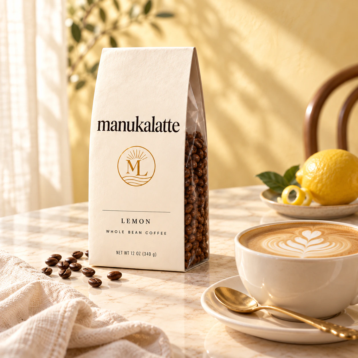 Lemon bag on marble beside a latte and a lemon