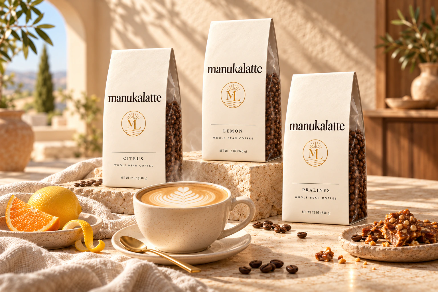 Three Manukalatte bags, Citrus, Lemon and Pralines, with a latte, citrus and pralines in morning light
