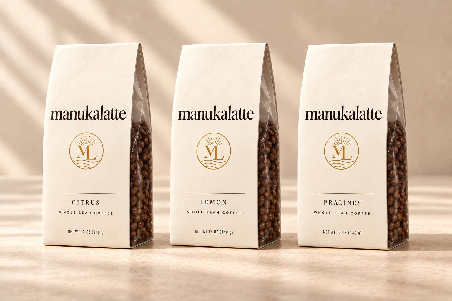 Three Manukalatte bags, Citrus, Lemon and Pralines, with a latte, citrus and pralines in morning light